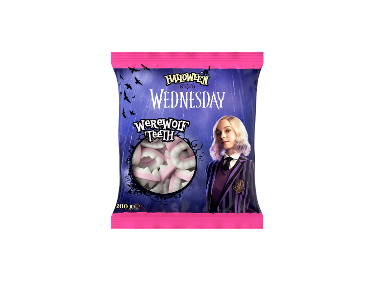 Halloween vrečka sladkarij z gumijastimi bonboni 'Volčji zobje' in likom iz Wednesday.