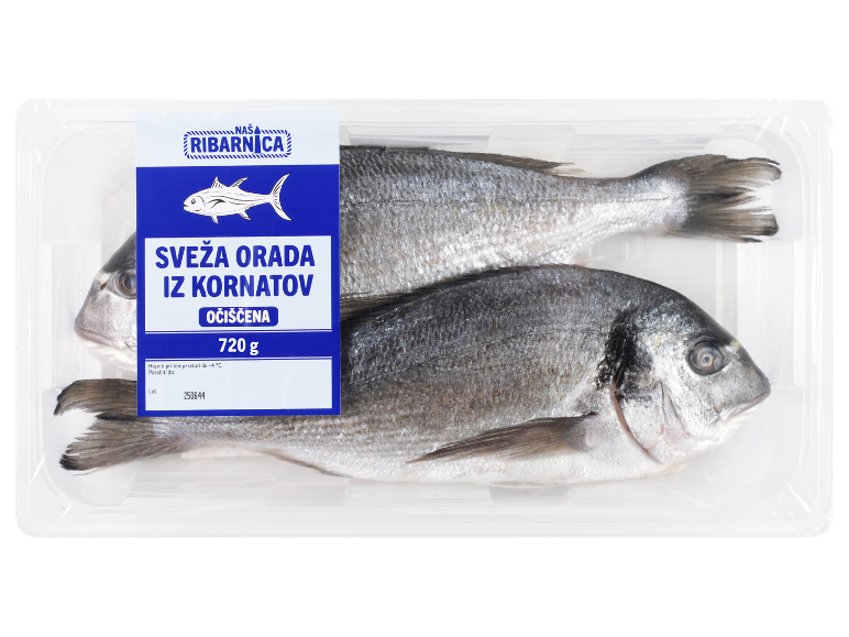 Pakirani, očiščeni fileji orade, 720 g, z modro etiketo.