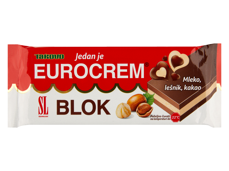 Čokoladna tablica z mlekom, lešniki in kakavom, z napisom 'JEDAN JE EUROCREM'.