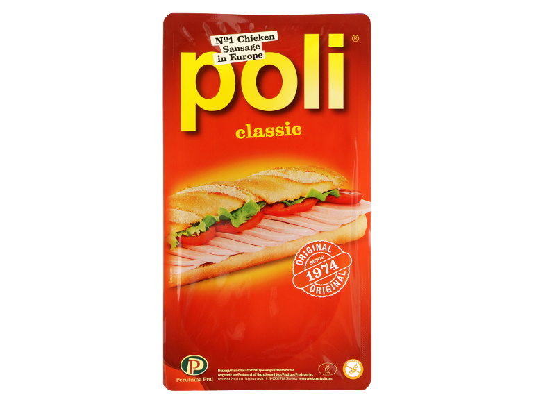 Embalaža piščančje klobase s sendvičem, z besedilom „Nº1 Chicken Sausage in Europe“.