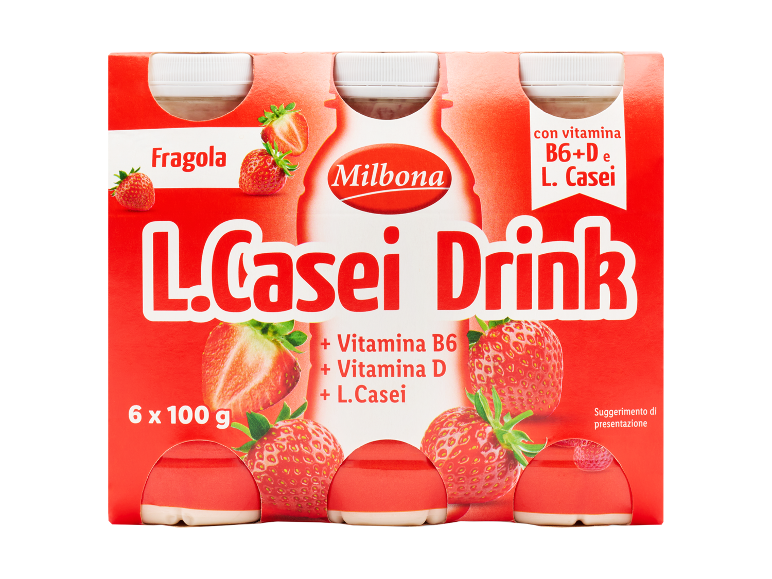 Paket 6 jagodnih jogurtovih napitkov, obogatenih z vitamini B6, D in L. Casei.