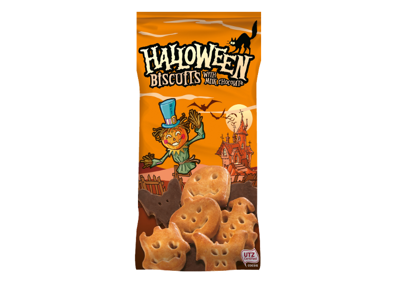 Halloween piškoti z mlečno čokolado, v obliki buč in netopirjev.