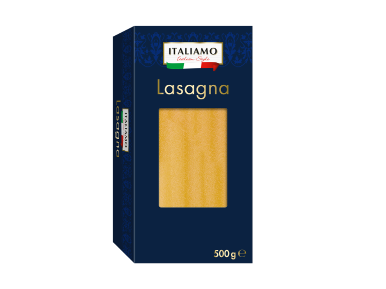 Škatla lazanje 500 g z oknom, ki prikazuje testenine.