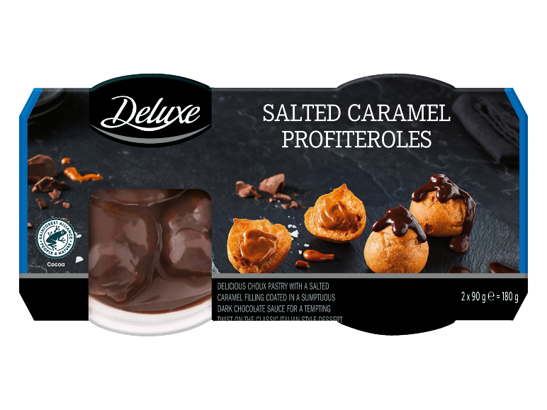 Slani karamelni profiteroli s temno čokoladno omako, 2x90g.