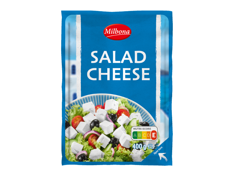 Embalaža solatnega sira z grško solato in Nutri-Score E.