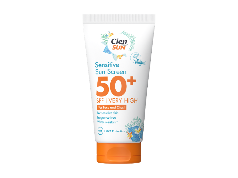 Občutljiva krema za sončenje SPF 50+ za obraz in prsni koš, vodoodporna in brez dišav.