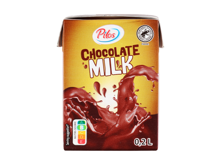 Karton čokoladnega mleka z oznako Rainforest Alliance za kakav in Nutri-Score B.