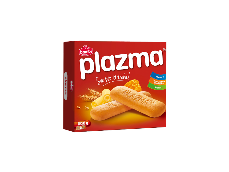 Rdeča škatla piškotov s pšenico, maslom in satjem, ki poudarja vitamine in železo.