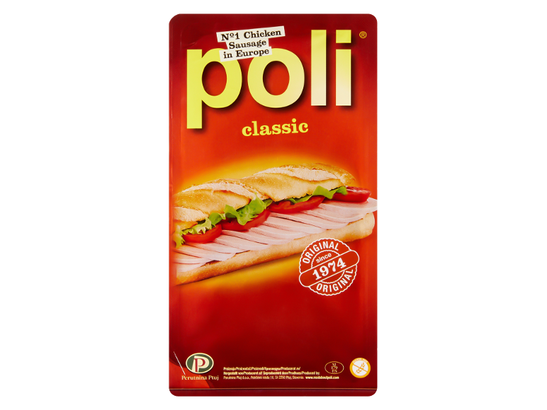 Embalaža piščančje klobase s sendvičem, z napisom 'Nº1 Chicken Sausage in Europe' in 'classic'.