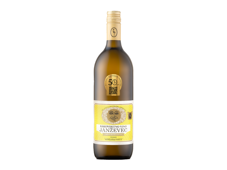 Steklenica belega vina z rumeno retro etiketo in zlatim zamaškom.