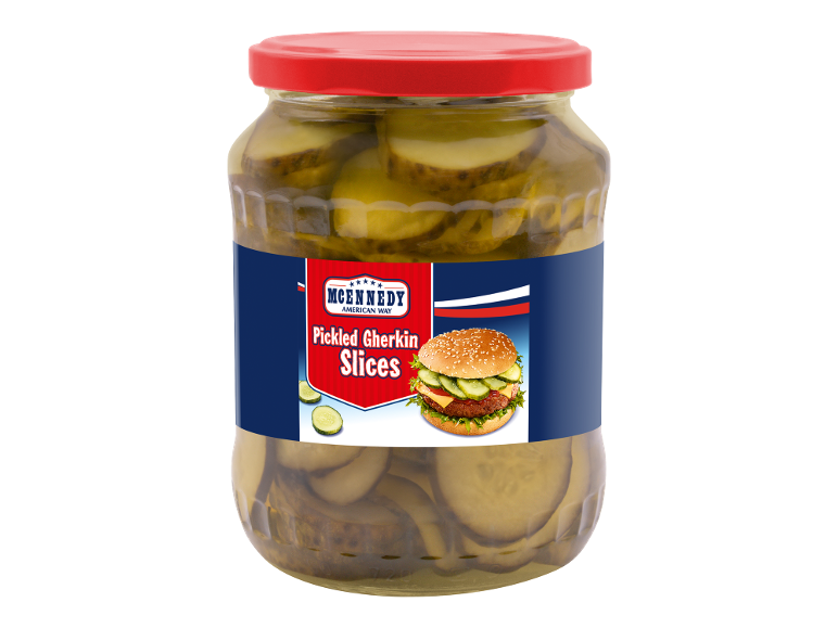 Kozarec rezin kislih kumaric z etiketo, ki prikazuje hamburger.