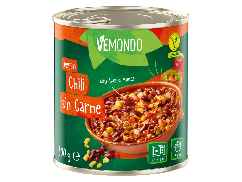 Veganski čili sin carne v pločevinki, 800 g, s sojinim mletim mesom.