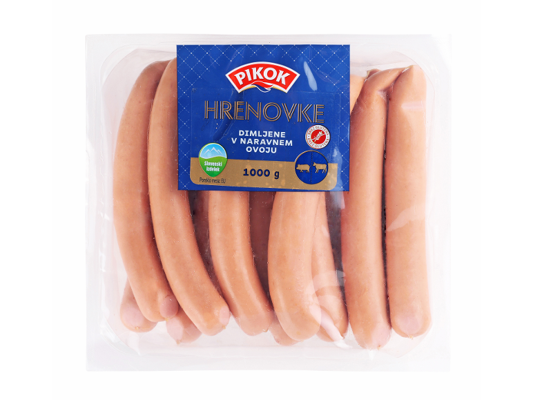 Paket dimljenih hrenovk v naravnem ovoju, 1000 g, brez glutena.