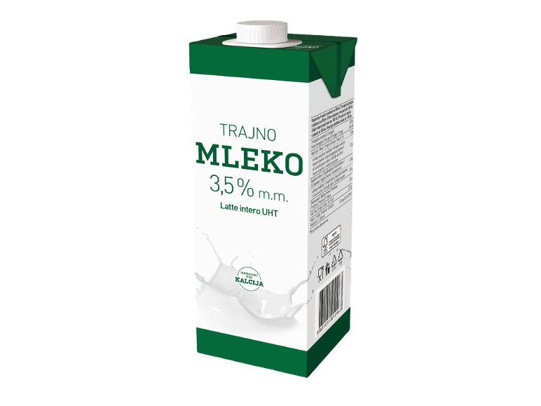 Embalaža trajnega polnomastnega mleka s 3,5 % mlečne maščobe.