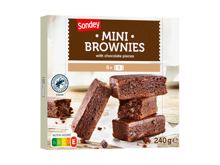 Škatla mini brownijev s koščki čokolade, 8 kosov, 240g, z oznako Nutri-Score E.