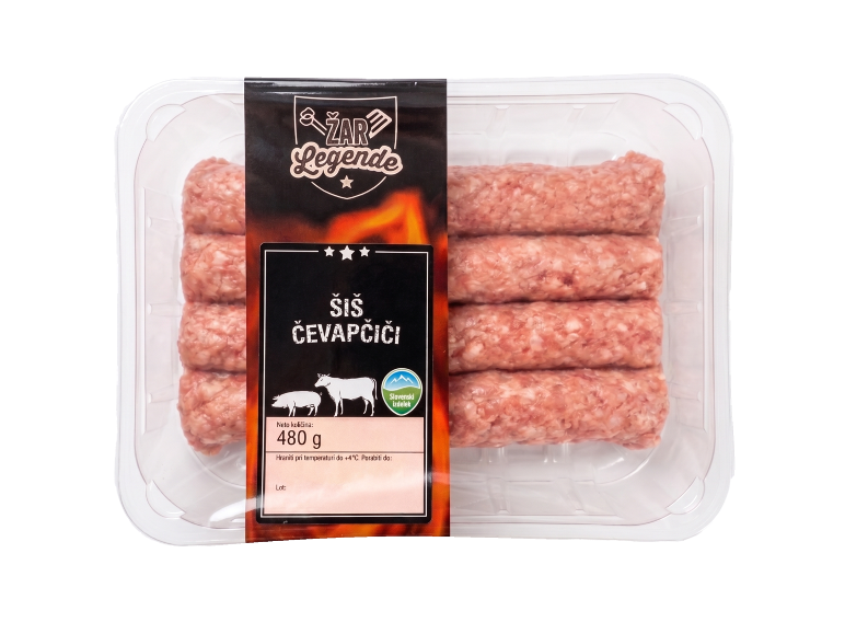 Surovi šiš čevapčiči v embalaži, z etiketo „Šiš Čevapčiči“, 480 g, slovenski izdelek.