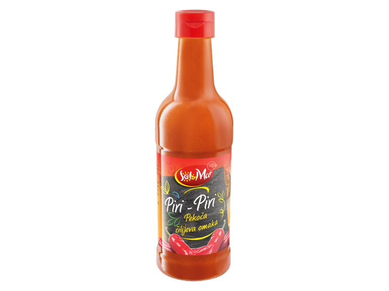 Steklenica Piri-Piri čili omake z rdečo in črno etiketo