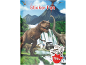 Knjiga nalepk z dinozavri, ki prikazuje T-Rexa, vulkan in moškega, z besedilom „Sticker Fun“ in „190+“.