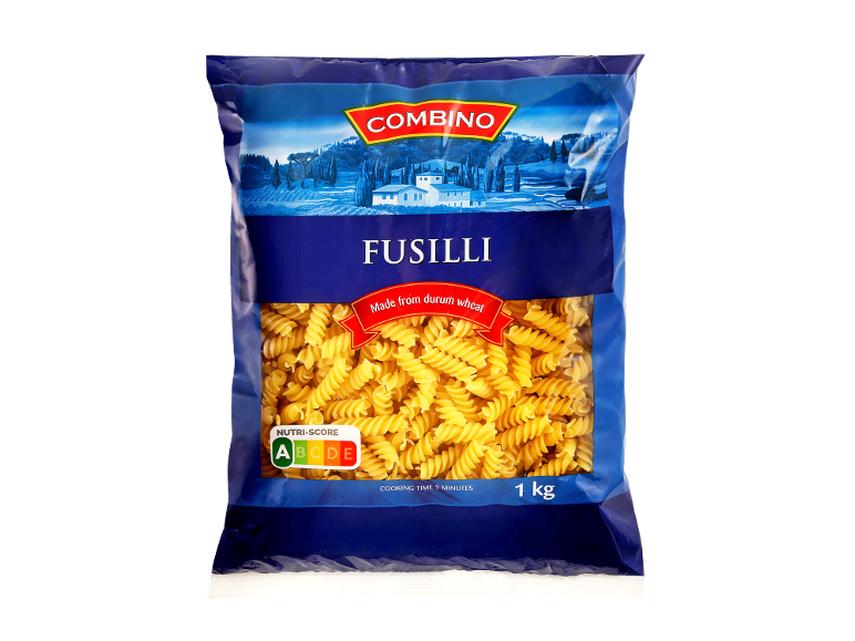 Paket fusilli testenin iz trde pšenice, z Nutri-Score A in težo 1 kg.