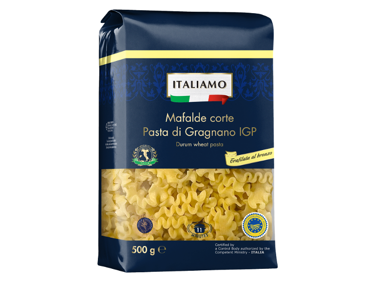 Paket Mafalde corte Gragnano IGP testenin iz trde pšenice, 500g, s časom kuhanja 11 minut.