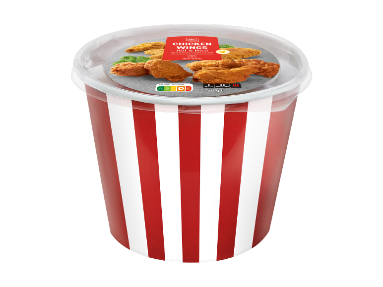 Pikantne in blage piščančje perutničke v rdeče-beli črtasti vedri, 750 g.