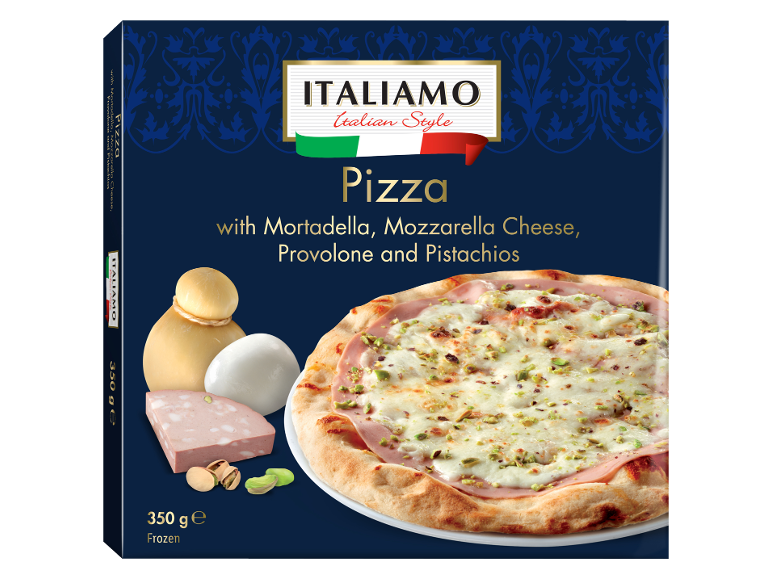 Zamrznjena pica z mortadelo, mocarelo, provolone sirom in pistacijami, 350 g.