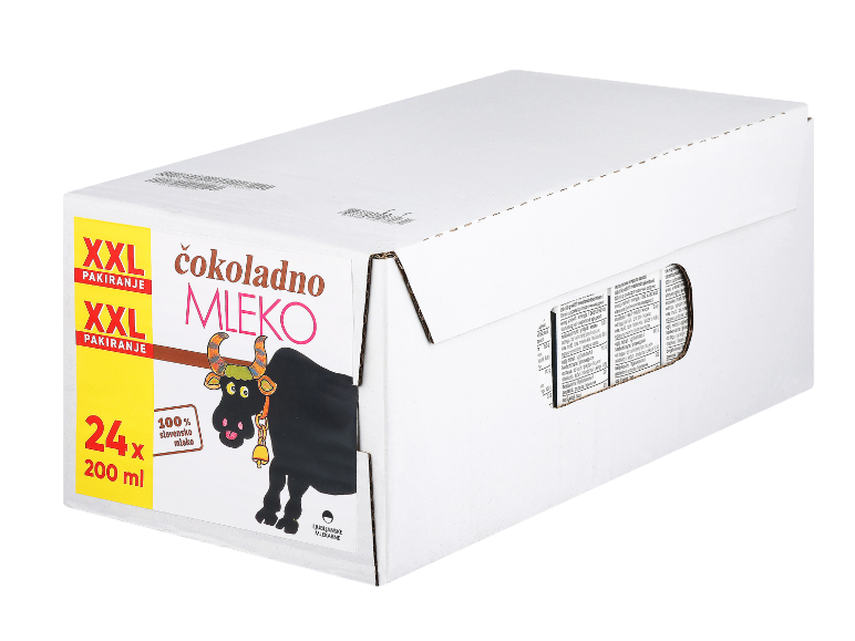XXL škatla čokoladnega mleka s 24 x 200 ml pakiranji, z risbo krave.