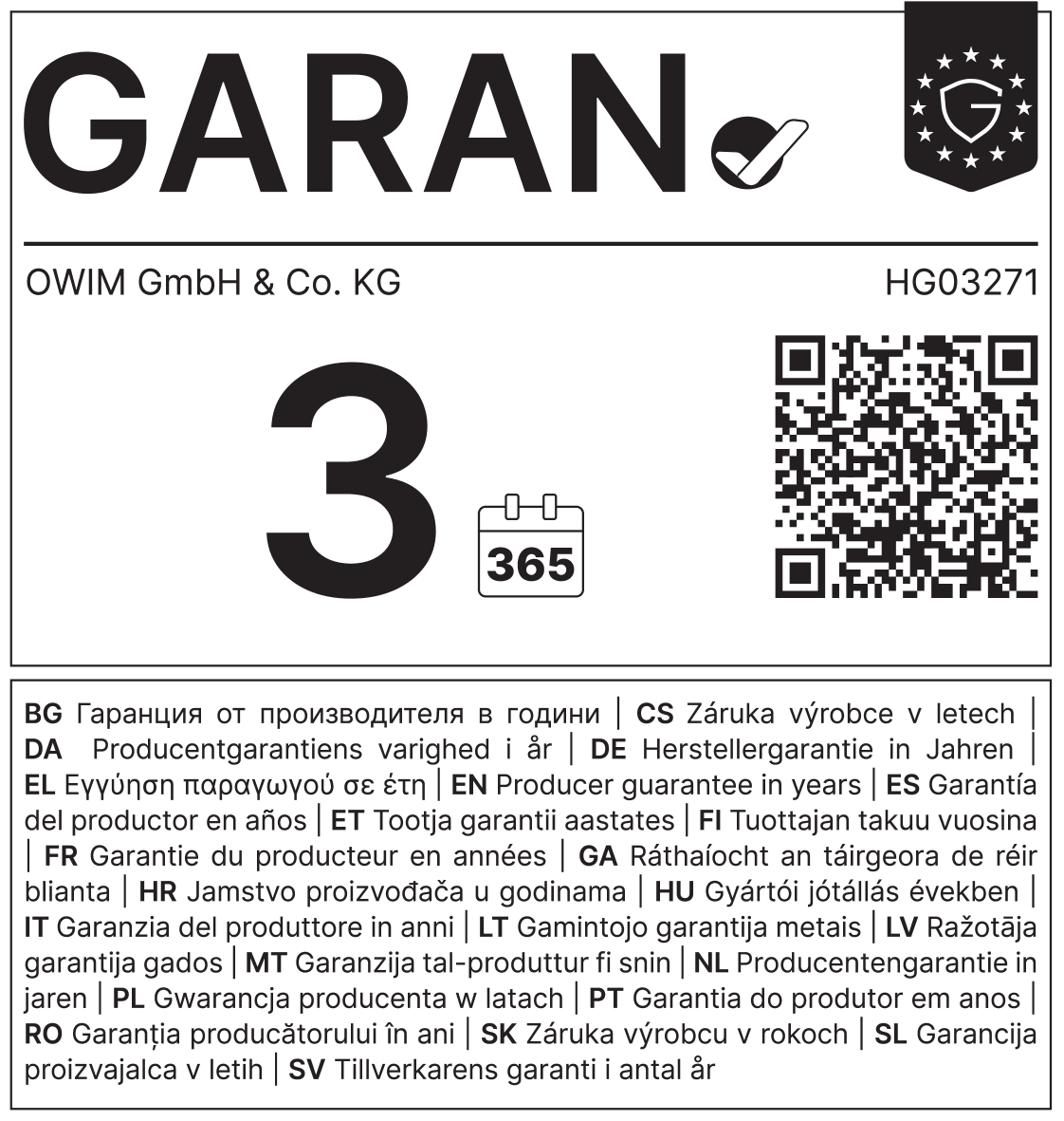 Garancija: 3 leta (365 dni), Proizvajalec: OWIM GmbH & Co. KG, HG03271