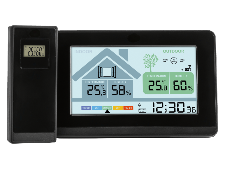 Digitalni notranji in zunanji termometer in higrometer s prikazom časa in opozorilom na plesen.