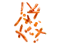 Sveže cele, prepolovljene in narezane korenje, ki lebdi na belem ozadju.