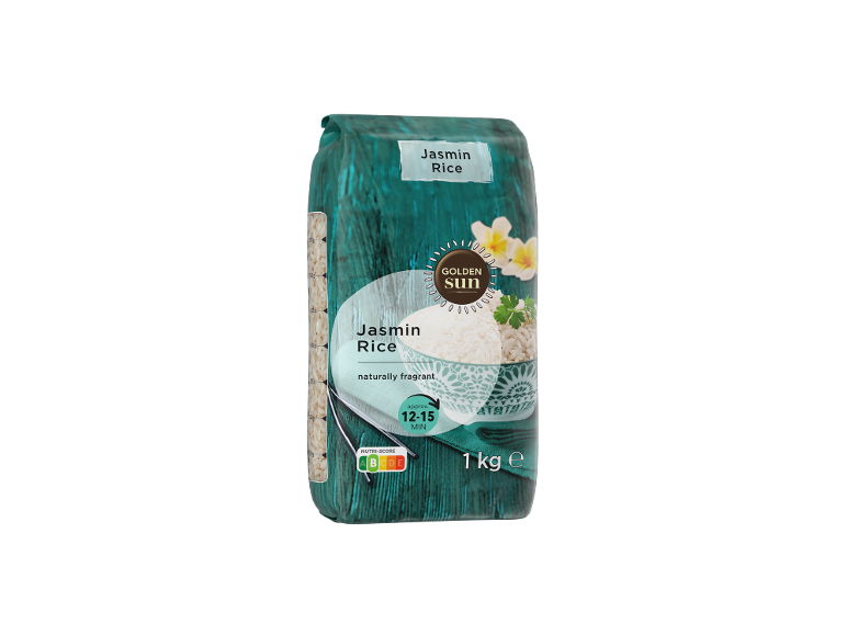 Paket jasminovega riža znamke Golden Sun, naravno dišeč, kuhan v 12-15 minutah.