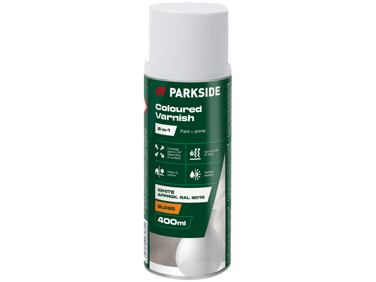Beli, sijajni barvni lak v spreju 2 v 1 (barva + premaz) s 400 ml.
