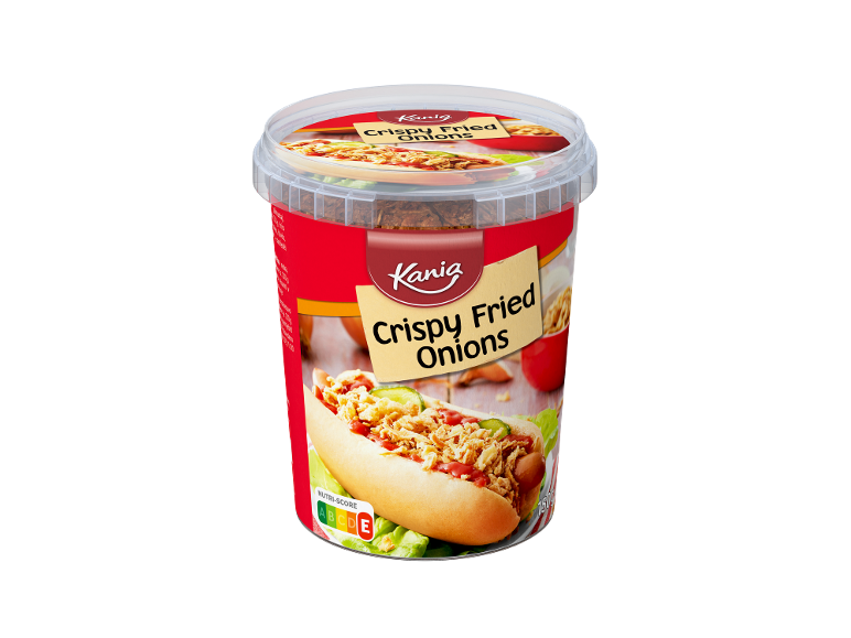 Pakiranje hrustljave ocvrte čebule z ilustracijo hrenovke, z oznako Nutri-Score.