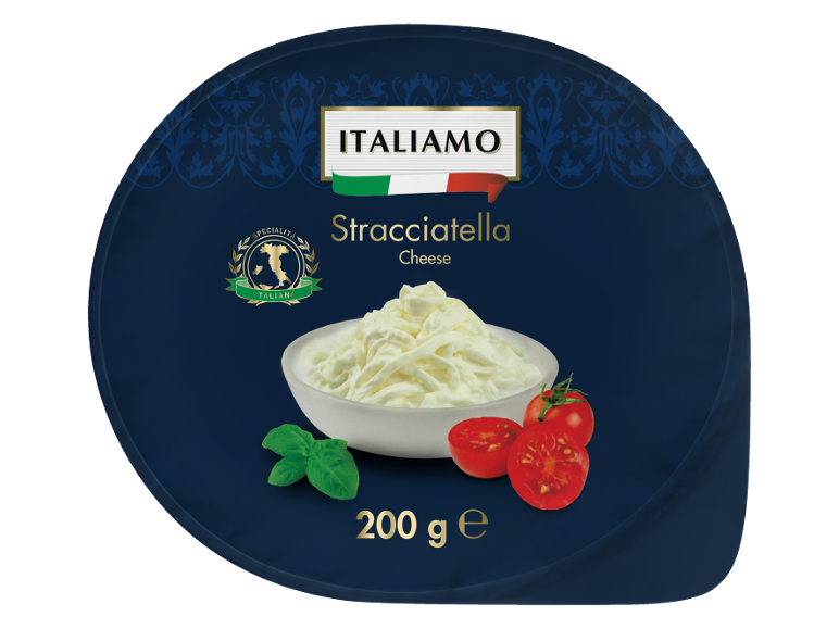 Okrogla embalaža stracciatella sira s paradižnikom, baziliko in besedilom „200 g e“.