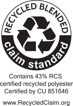 RCS certificiran recikliran poliester, 43% vsebnosti, certificiran s strani CU 851646.