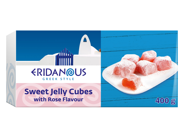 Škatla grških žele kock z okusom vrtnice, 400g žele sladkarij.