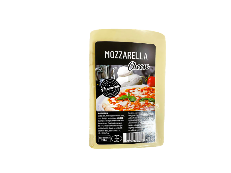 Paket mocarele z etiketo, ki prikazuje pico in prehranske informacije.