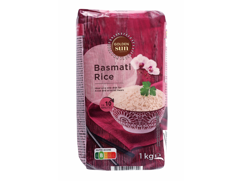 Paket basmati riža s skledo kuhanega riža in oceno Nutri-Score A.
