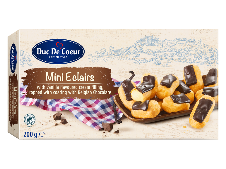 Škatla mini eklerjev z vanilijevo kremo in belgijsko čokolado, 200 g.