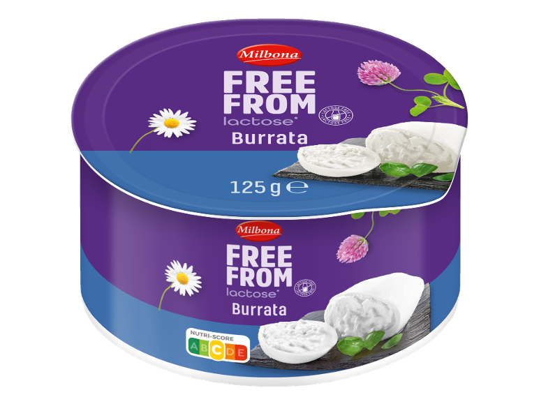 Dve posodi burrate brez laktoze s cvetjem in zelišči, teže 125 g in z oznako Nutri-Score.
