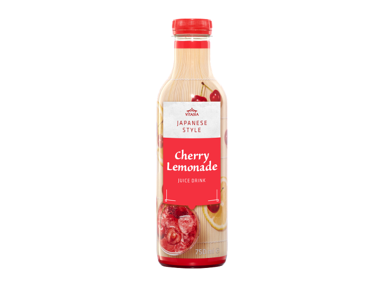 Steklenica japonske češnjeve limonade z rezinami limone in češnjami.