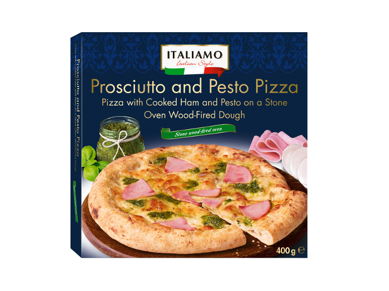 Pizza s kuhano šunko in pestom na kamniti peči, 400g.