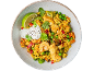 Paella z morskimi sadeži, piščancem, rižem, grahom, papriko, limeto in kislo smetano.