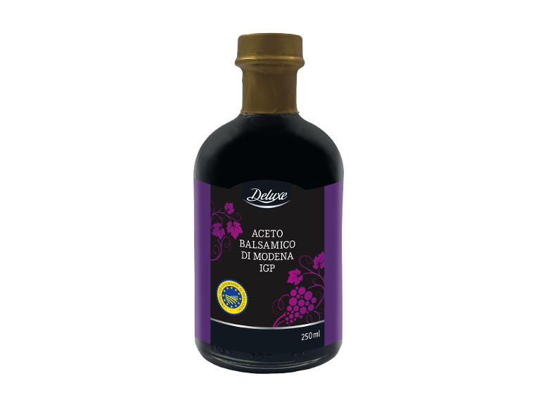 Steklenica balzamičnega kisa iz Modene IGP, 250 ml, z vijolično etiketo in zlatim pokrovčkom.