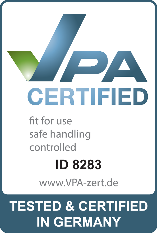 Certificirano: primerno za uporabo, varno ravnanje, nadzorovano. ID 8283. Testirano in certificirano v Nemčiji.