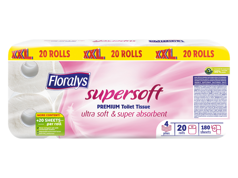 Paket 20 zvitkov, 4-slojnega, 180-listnega super mehkega toaletnega papirja, z 50% reciklirane plastike.