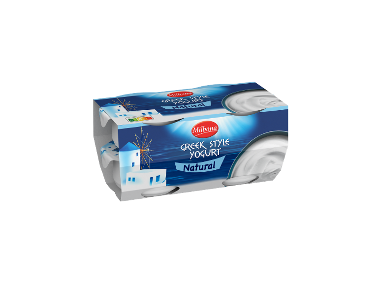 Paket štirih naravnih grških jogurtov z modro-belim dizajnom.