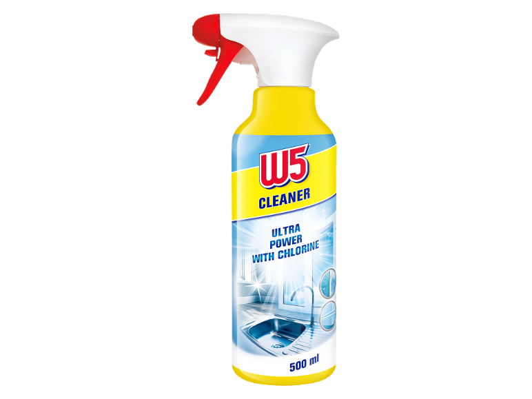 Rumeno pršilo za čiščenje z napisom „ULTRA POWER WITH CHLORINE“ in pomivalnim koritom.