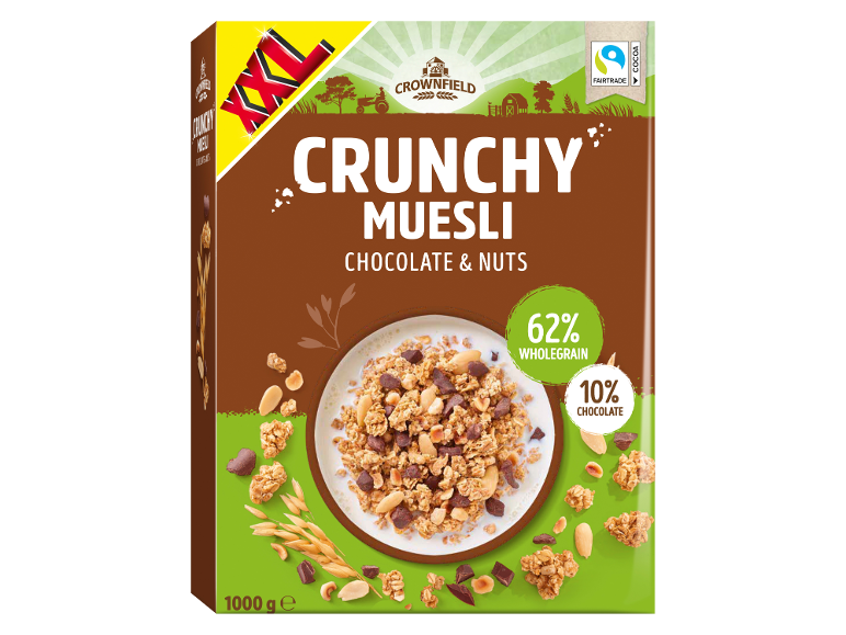 Hrustljavi muesli s čokolado in oreščki, 1000g, 62% polnozrnati, 10% čokolade