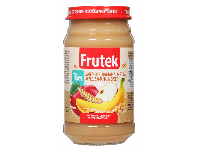 Kozarček otroške hrane z jabolkom, banano in piro, brez dodanih sladkorjev, za +6 mesecev.